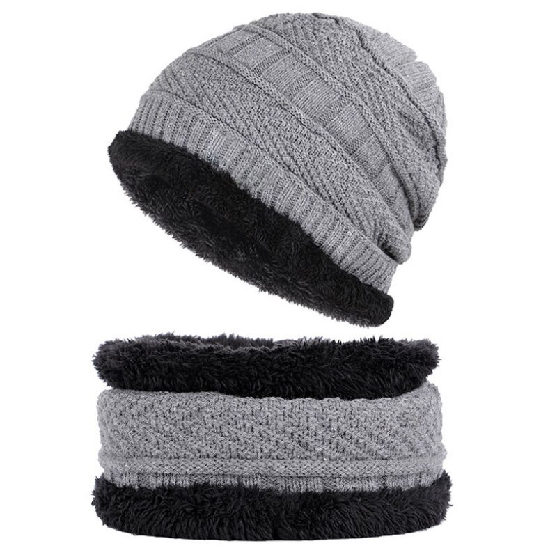 Strikket hat unisex vinter tyk varm fleece foret hals varmere tørklæde sæt til snowboard skiløb skøjteløb: Grå