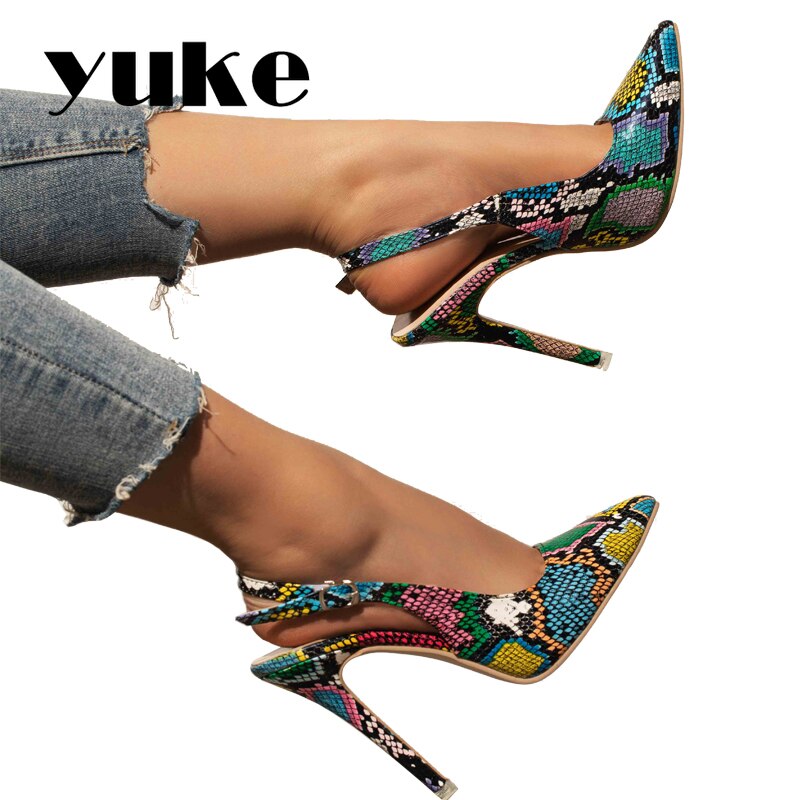 YUKE – escarpins à talons Python pour femmes, chaussures modernes et confortables, haut et fin, peu profondes, faites à la main, avec sangle à boucle et bout pointu