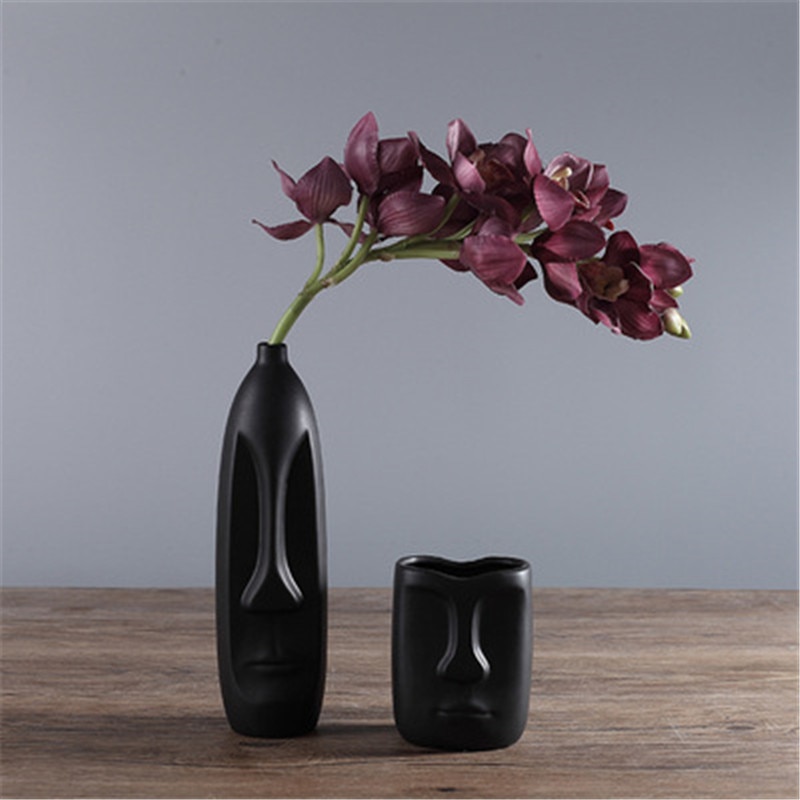 Nordisk minimalistisk keramisk abstrakt vase sort og hvid menneskeligt ansigt udstillingsværelse dekorativt figurhovedform vase x2199