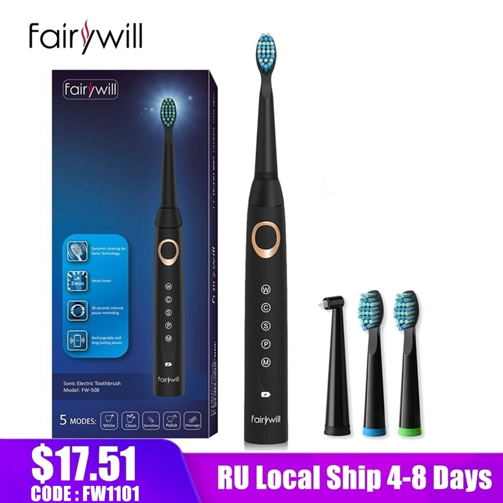 Fairywill-brosse à dents électrique FW-508, brosse à dents automatique à ultrasons, 5 Modes, étanche IPX7, 3 têtes, outil dentaire automatique pour adultes et enfants