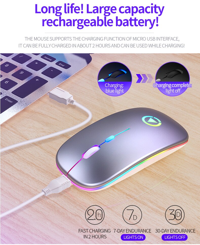 Wireless Mouse Rechargeable Lightweight Portable LED Colorful Light Mute Mouse Optical Bluetooth Mice For Laptop PC игровая мышь