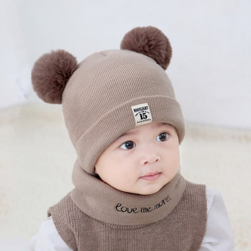 Herfst winter baby mutsen voor kinderen sjaal set pompom meisjes jongens mutsen mutsen kinderen pasgeboren muts: Koffie / Sjaal muts