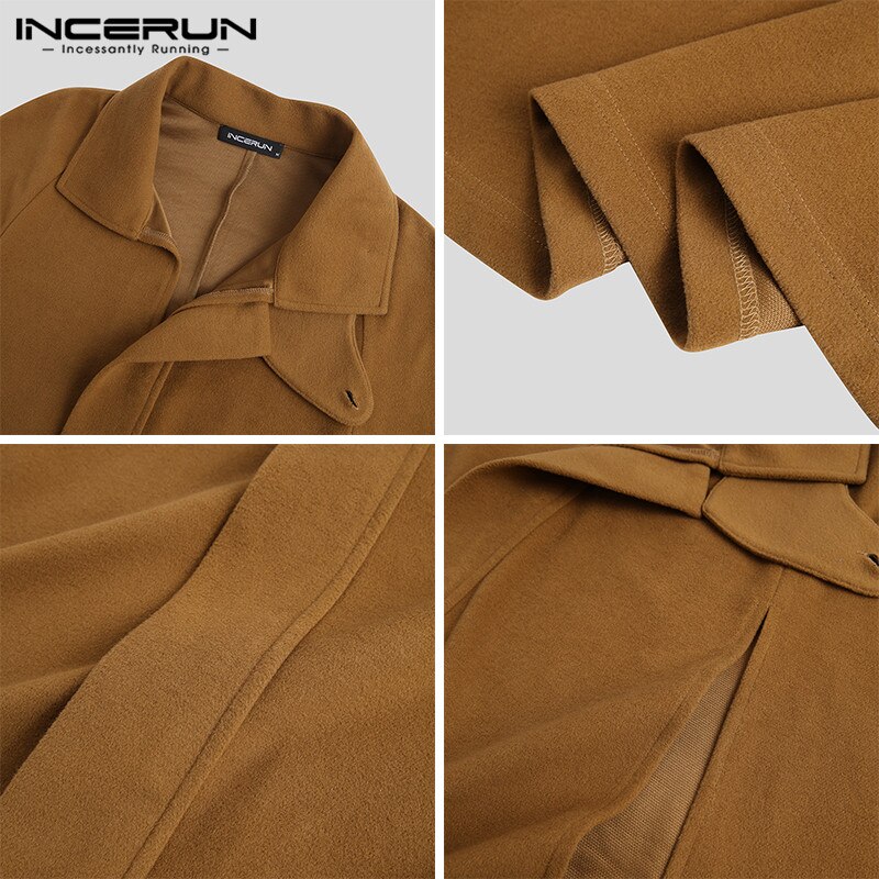 INCERUN Männer Mantel Mäntel Streetwear Lose Einfarbig Stehen Kragen Split Herren Graben Cape Chic Lange Stil Poncho S-5XL