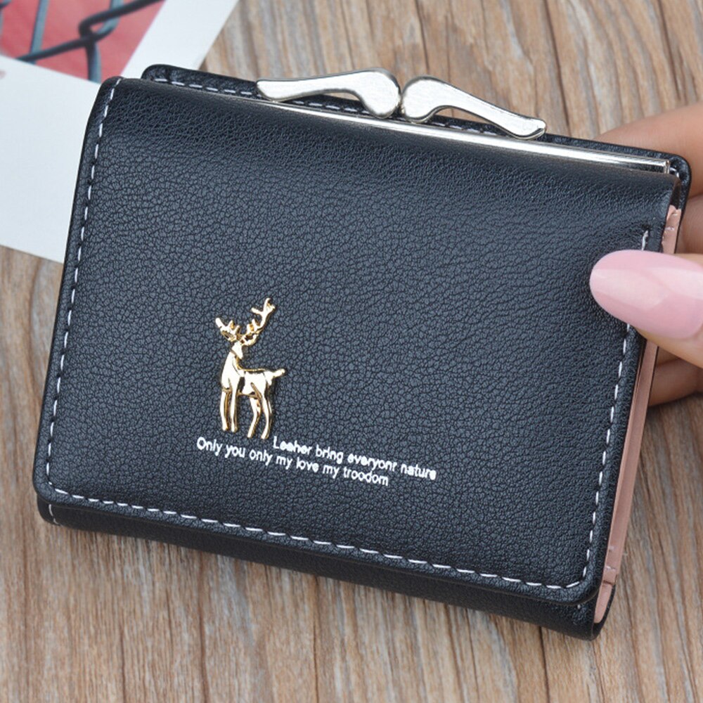 Cute Wallets Leather Women Wallets Short Wallet Student Coin Purse Card Holder Ladies Clutch Bag Small Deer Female Purse: A-black