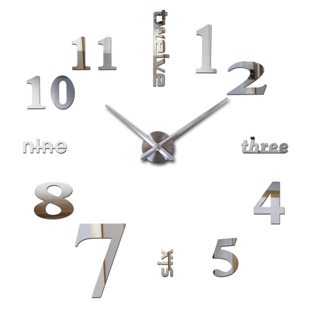 Large Wall Clock Quartz 3D DIY Big Watch Decorative Kitchen Clocks Acrylic Mirror Sticker Oversize Wall Clocks Home Letter Decor: Silver / 27inch