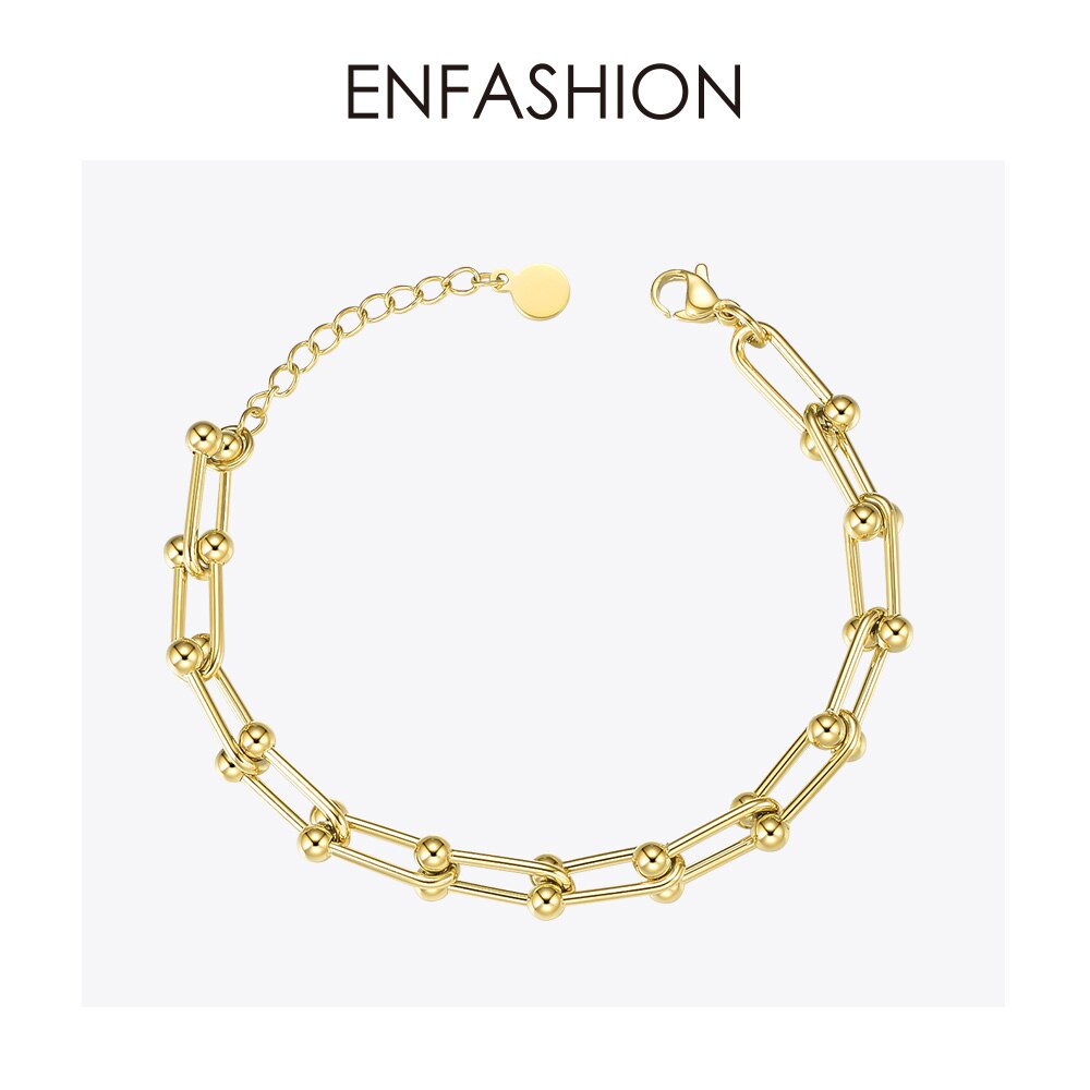 Enfashion oco link chain pulseiras para mulheres de aço inoxidável cor ouro grânulo ajustável pulseira moda jóias presentes b2082: Golor color