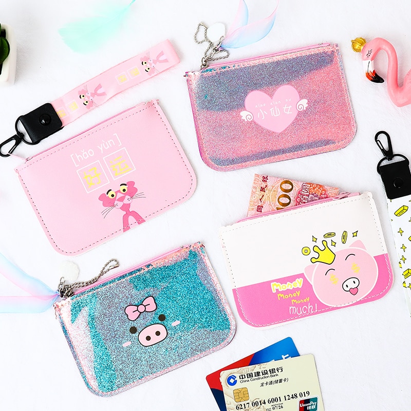 Monederos de cuero animal de dibujos animados para mujer, Mini cartera con cremallera, monedero pequeño, bolsa de almacenamiento de auriculares para chicas, monedero con cordón