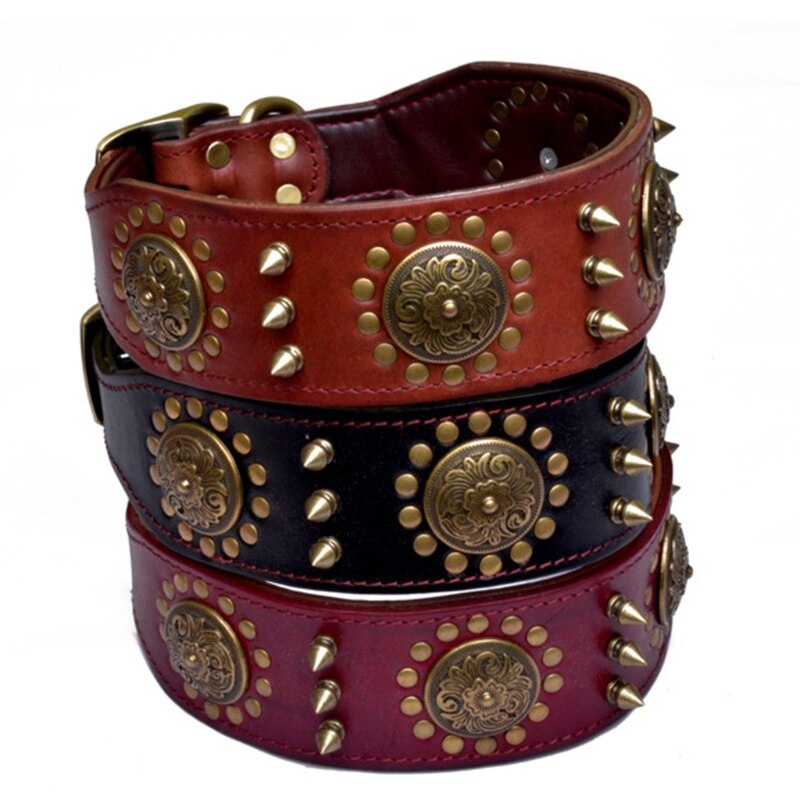 Adjustable Stylish Leather Dog Collar Studded Soft Padded Inside Brown Leather Y5GB