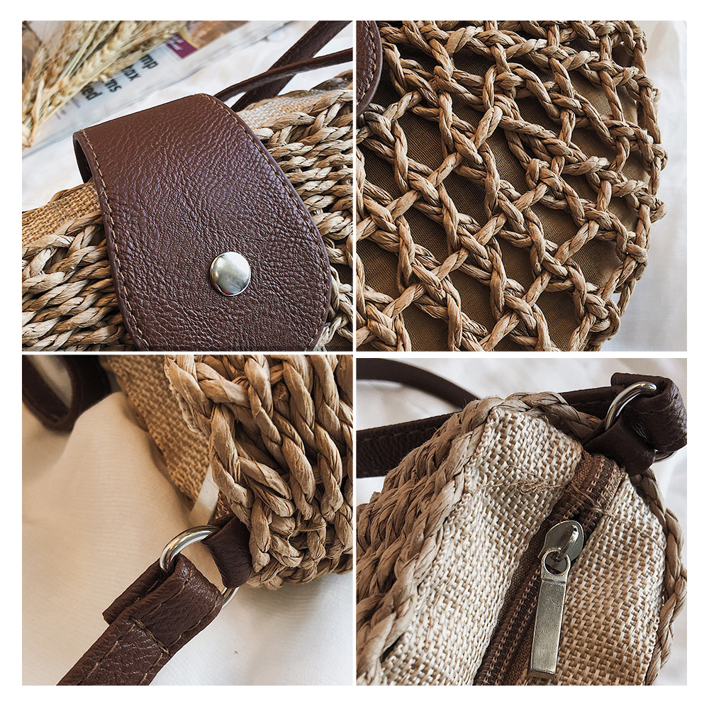 Straw Bag Women Hand-Woven Hollow Handbag Moon Shape Rattan Bag Big Capacity Drawstring Handbag Casual Travel Beach Bag