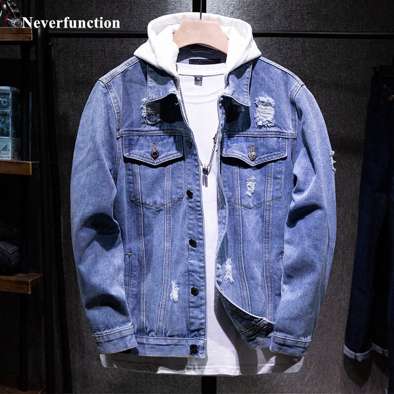 männer Neue Dünne Streetwear Abnehmbare kapuze Denim Jacken Hüfte hüpfen männlich Einfache Feste Beiläufige Jeans Jacke Mantel Plus Größe 5XL