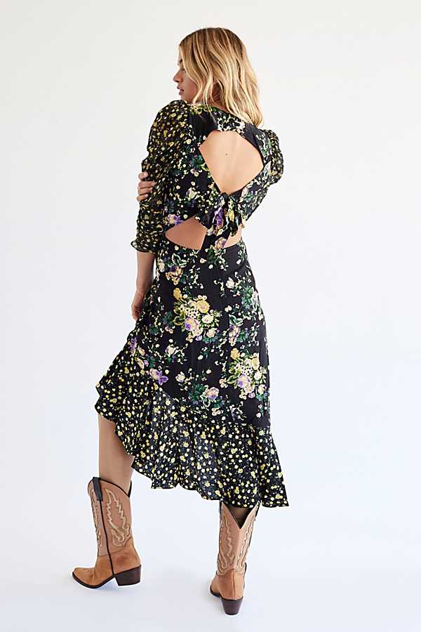 BOHO INSPIRED ROSS MIDI DRESS women Sheer Chiffon Sleeves black floral party dress Keyhole back boho dress female chic vestidos