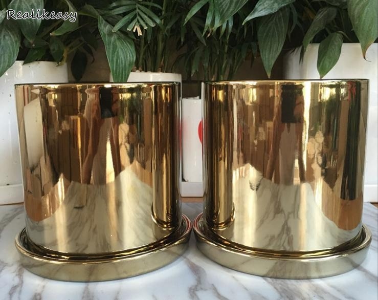Cylindrical Flower Pot Luxury Electroplated Gold Silver Ceramic Flower Pot Plant Decorion Home Garden Desktop Decorion