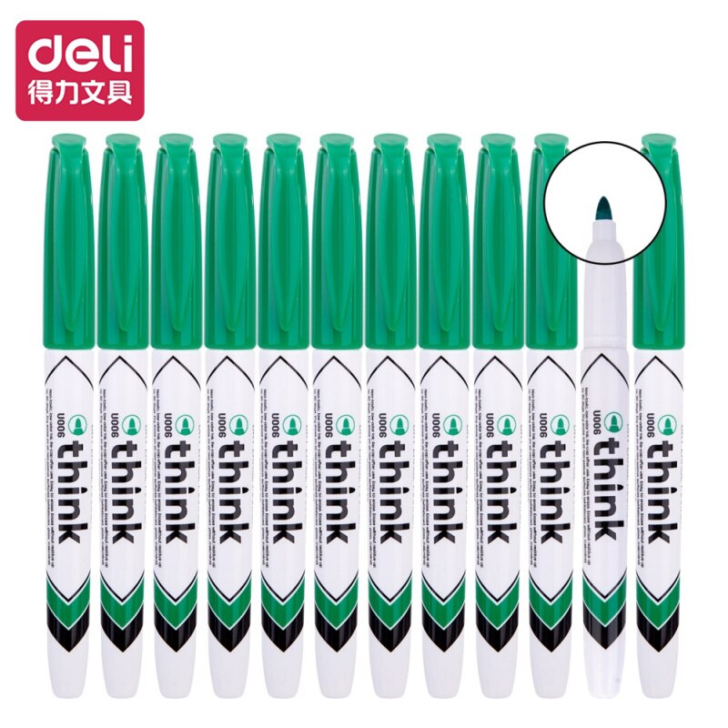 Deli 12pcs/box Whiteboard Pen Erasable Thick Head Large Writing Pen Glassroom Whiteboard Water Marker Meeting Office Stationary: Green