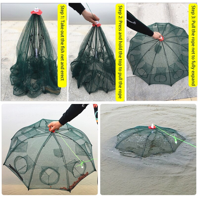 4/6/8/12/16 Hole Fishing Net Folded Portable Hexagon Fish Network Automatic Fishing Shrimp Trap Fish Minnow Crab Baits Cast Mesh