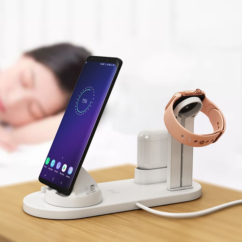 Suporte de carregador sem fio qi, doca para carregamento para iphone 11 xs xr 8 plus airpods, apple watch 5, 4, 3, 2, 1 estação de carregamento rápido sem fio 10w pro