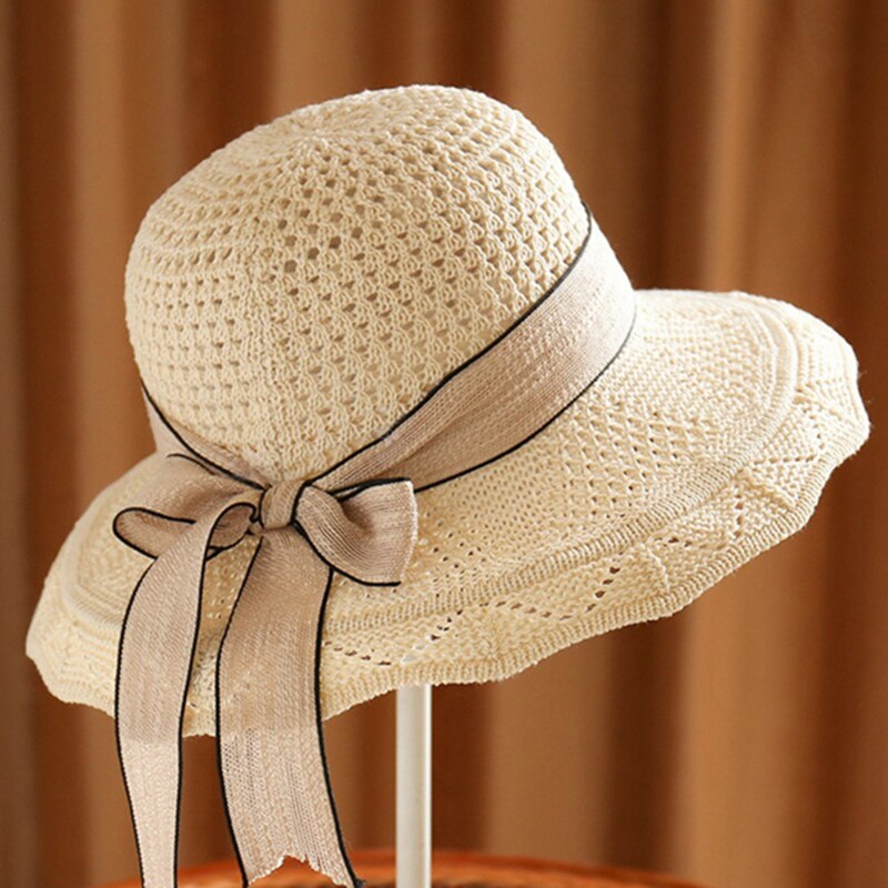 Sombrero plegable de ala ancha flexible para niña y mujer, gorro de punto de ganchillo, sombrero de playa para mujer, gorro de viaje con protección UV, sombrero de mujer: Beige