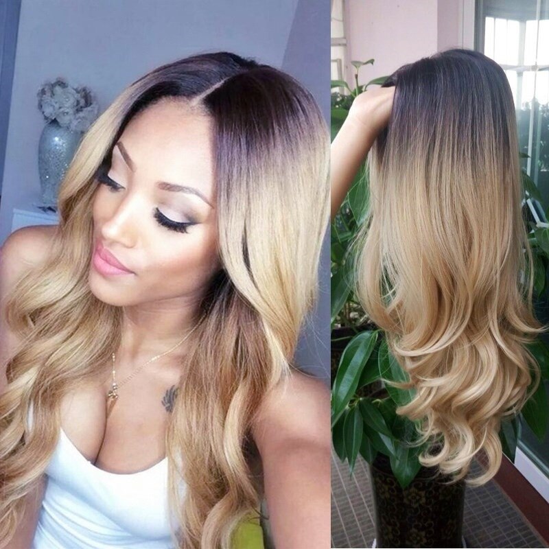 WHIMSICAL W Women Medium Long Curly Wigs Natural Ombre Mixed Purple Black Color Heat Resistant Hair Synthetic Wig for Women: black brown