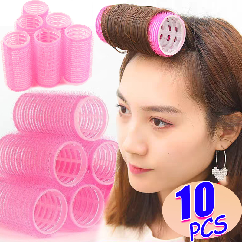 Rolo de cabelo autoadesivo de plástico, sem calor, franja de ar, rolos, modelador de cabelo diy, ferramenta de estilo para mulheres, rolo rosa