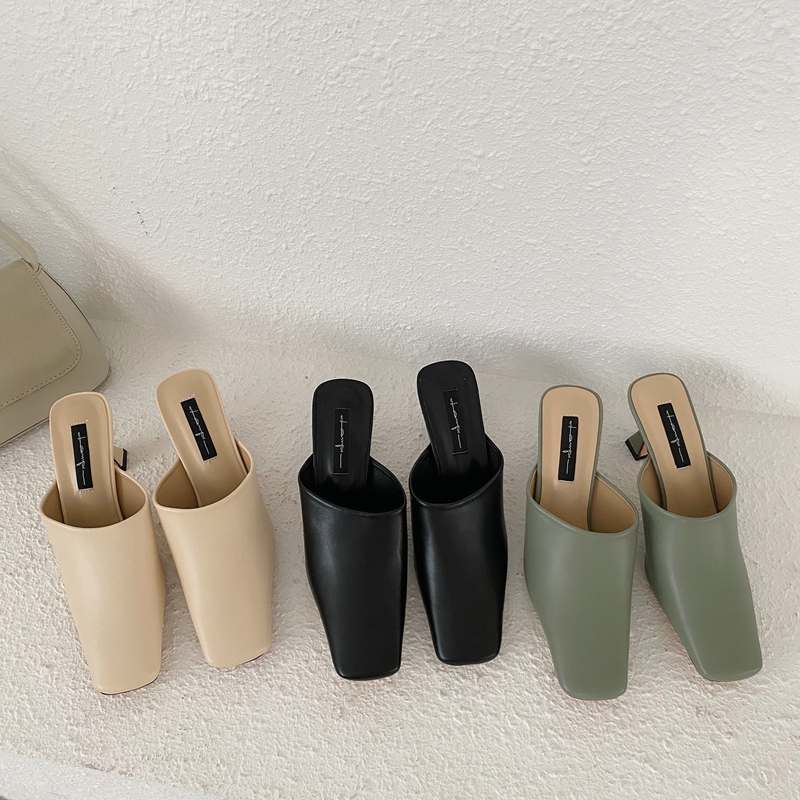 Mules à bout carré pour femmes, chaussures à talons, couleurs unies, hautes (5cm-8cm), collection chaussons pour femmes