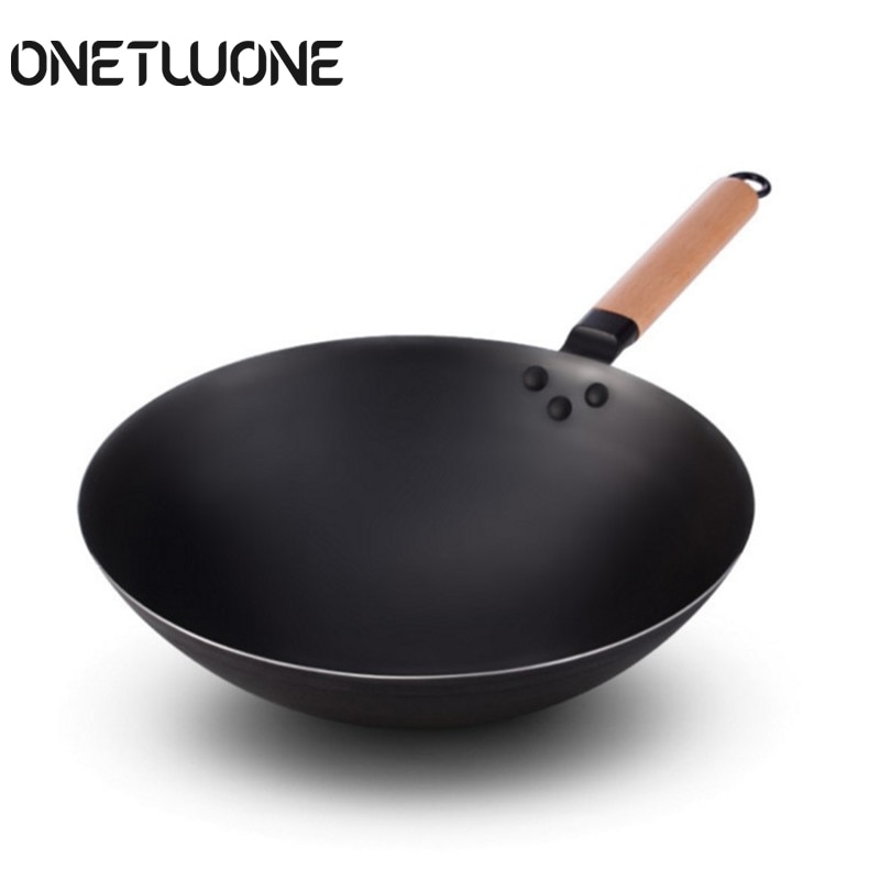 Madlavning wok husholdning stor jern gryde gammeldags ikke-belagt non-stick pande rund bund wok kok stegt wok