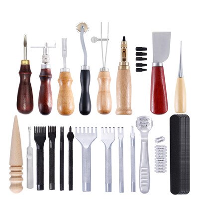Leather Craft Punch Tools Set Kit Stitching Carving Working Sewing Saddle Groover Leather Crafts Tools Skiving Knife