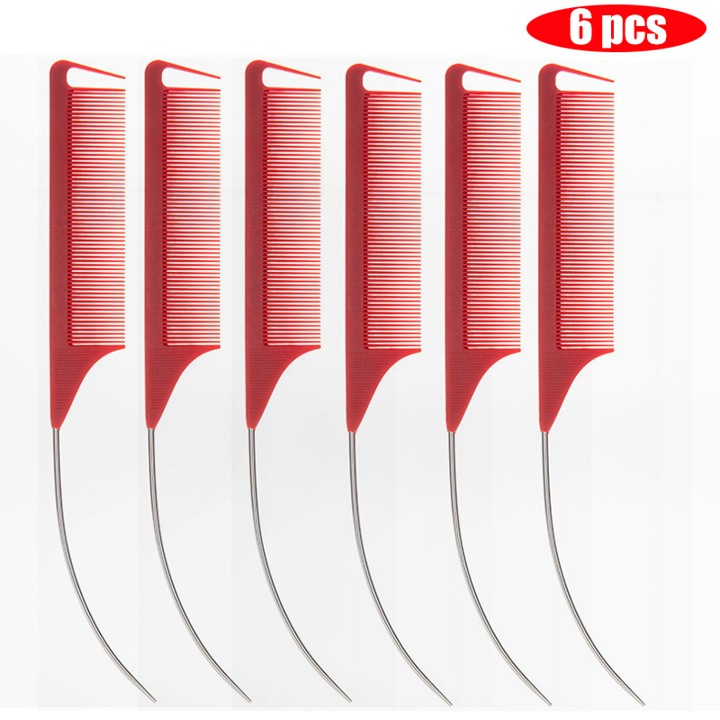 Peine de cola curvada puntiaguda para estilismo del cabello, Color caramelo , para partición de peluca, tinte para el cabello trenzado y herramienta para el cabello, 6 uds.: Rojo