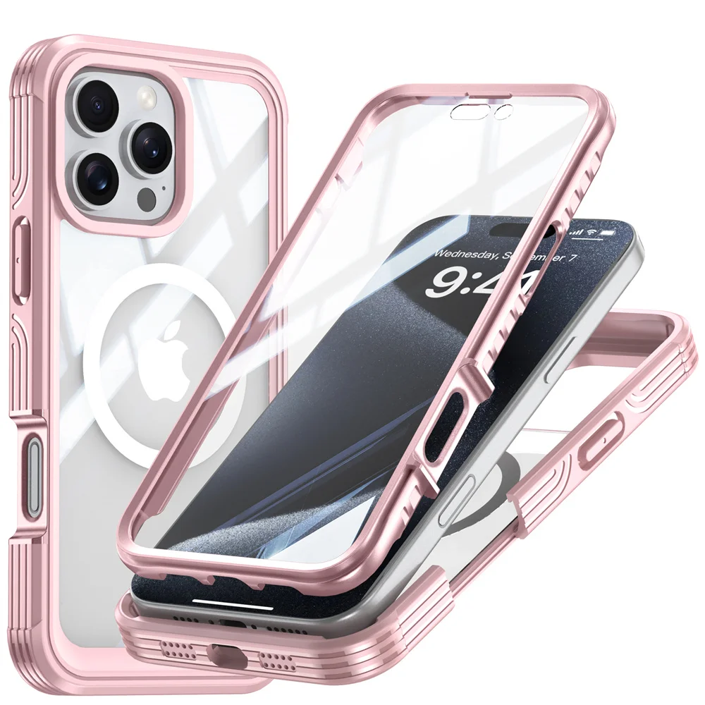 Full Body Bescherming Magnetische Case voor iPhone 16 Pro Max 16e 15 Plus Cover Gehard Glas Magsafe Schokbestendig Fundas Coque Capa: Katoenen stof / Roze