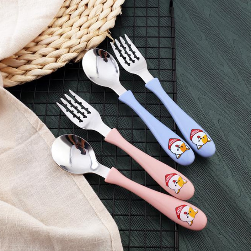 1set Stainless Steel Cartoon Kids Soup Spoon Fork Children'S Tableware 2pcs Set Dinnerware Baby Feeding Cutlery