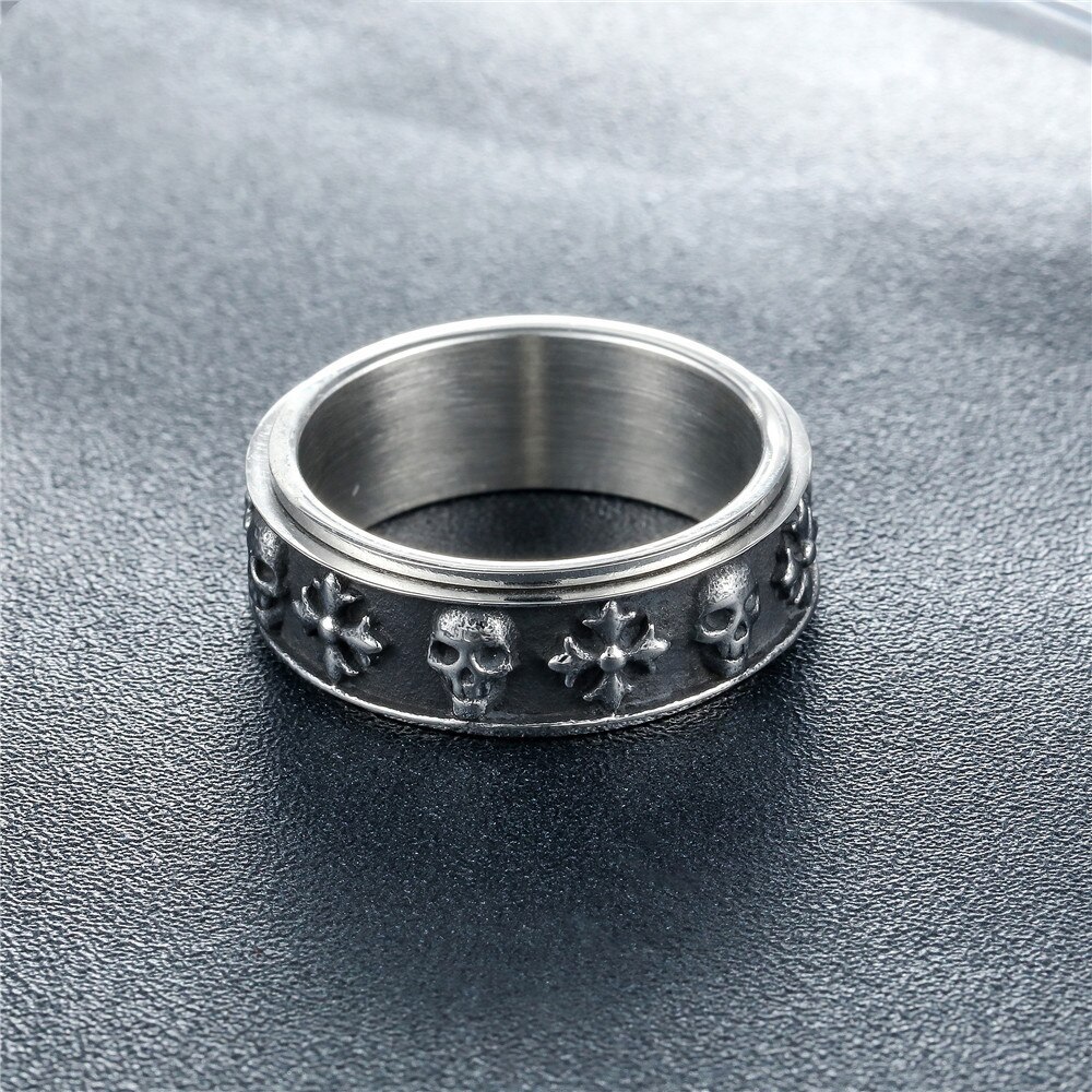 Anello da uomo in acciaio inossidabile 316L con teschio incrociato anello girevole stile Punk retrò gioielli moda Biker: 7 / Silver