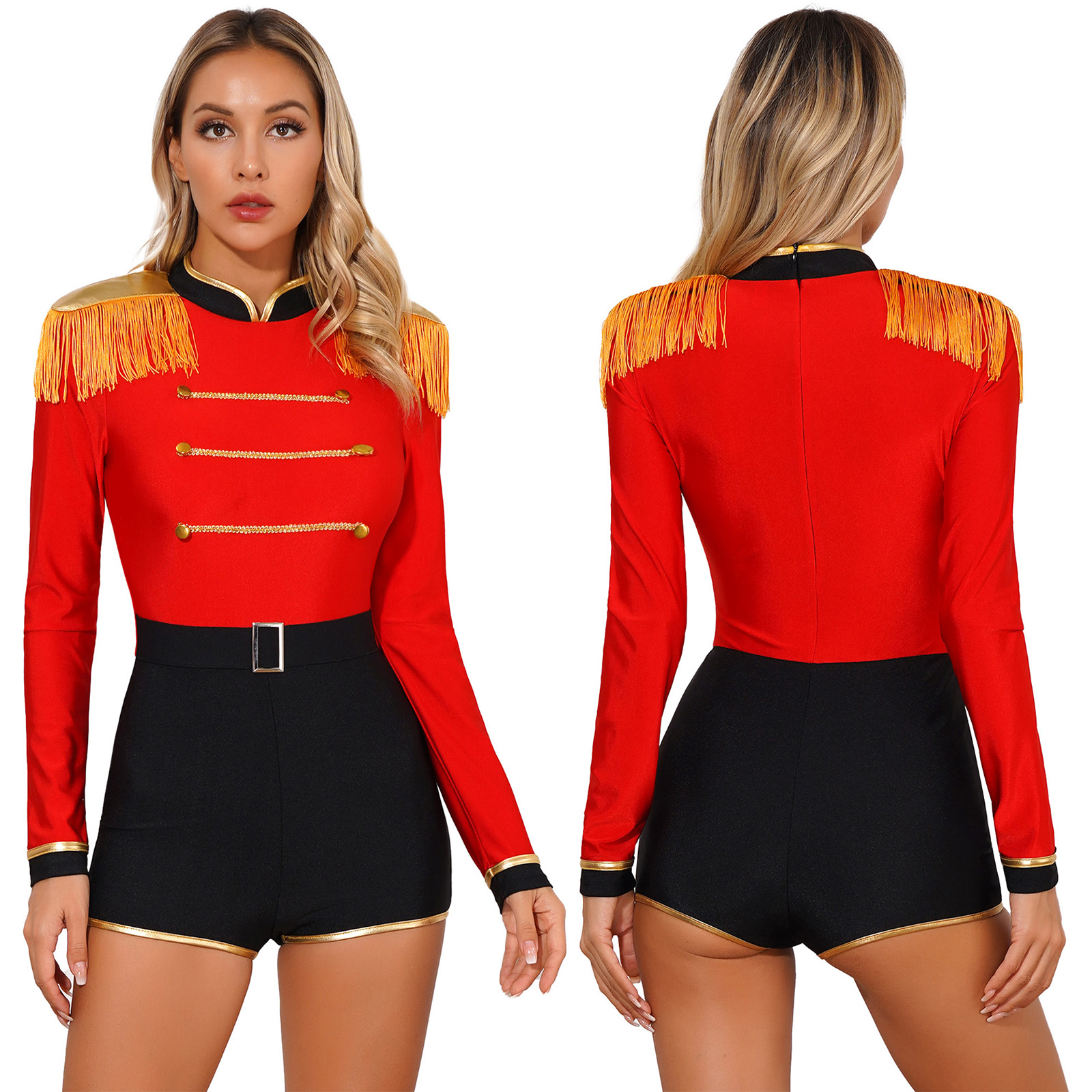 Womens Circus Ringmaster Jumpsuit Halloween Carnival Theme Party Role Play Costume Long Sleeve Velvet Fringed Cosplay Bodysuit: S / Beige