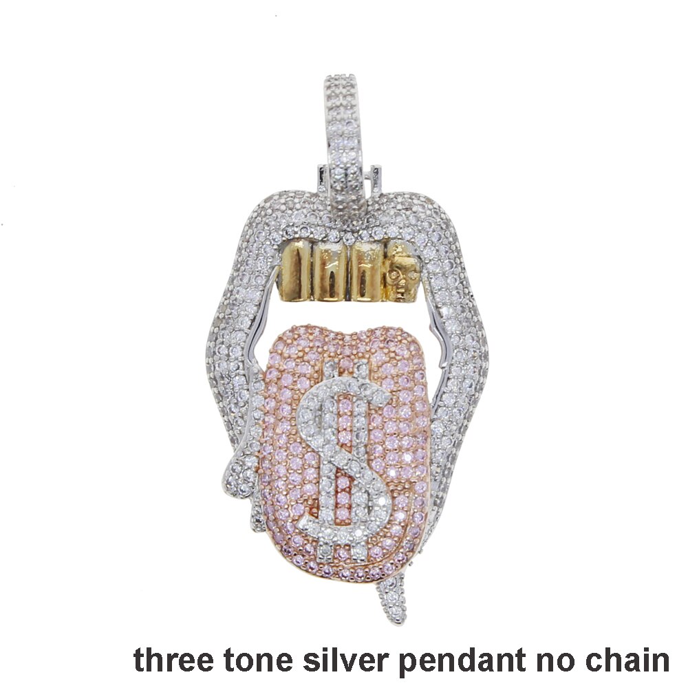 Iced out white pink mouth pendant Dollar symbol engraved hiphop bling cz pave tennis chain dripping Lip men boy necklace jewelry: three tone pendant