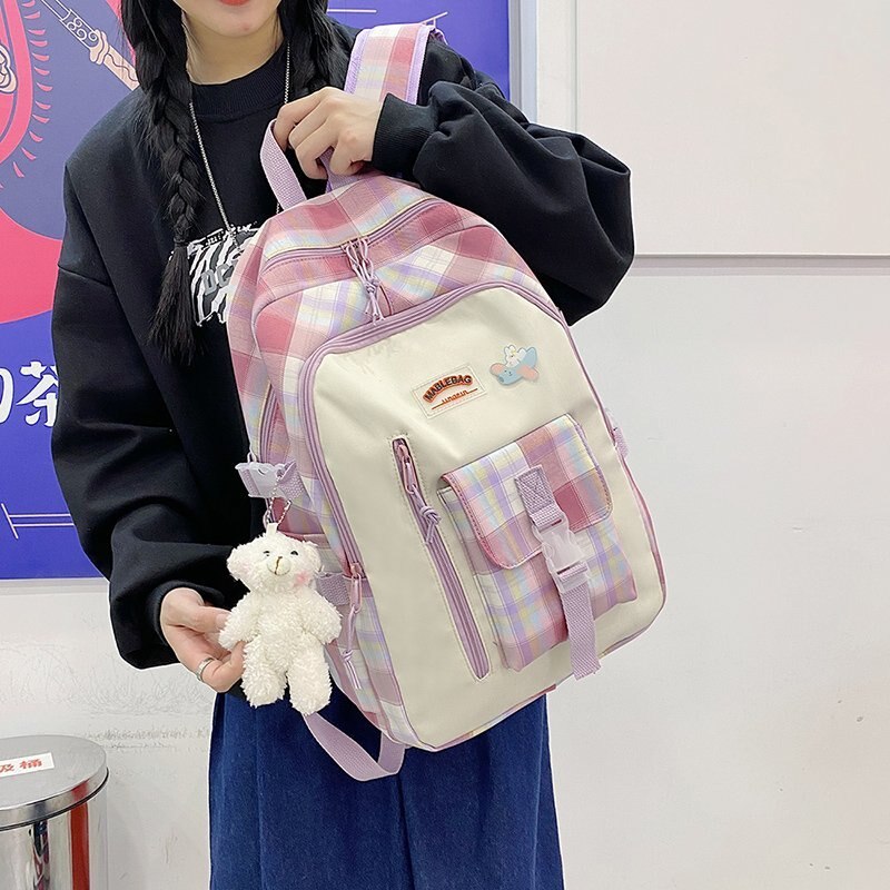 Mochila con patrón a cuadros de gran capacidad para estudiantes, bolso escolar Morado para chicas, mochila de viaje para el Campus: Rosa / With-Accessories