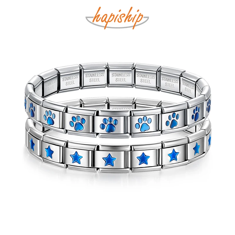 Hapiship 2025 Mode Blauwe Ster Voetafdruk Itanlian Elastische Charme Roestvrij Stalen Armband Sieraden G267
