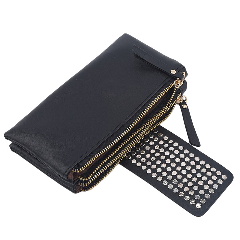 Women&#39;s Clutch Bag European And American Studded Black PU Soft Leather Mid-length Ladies Dinner With Double Zip Wallet