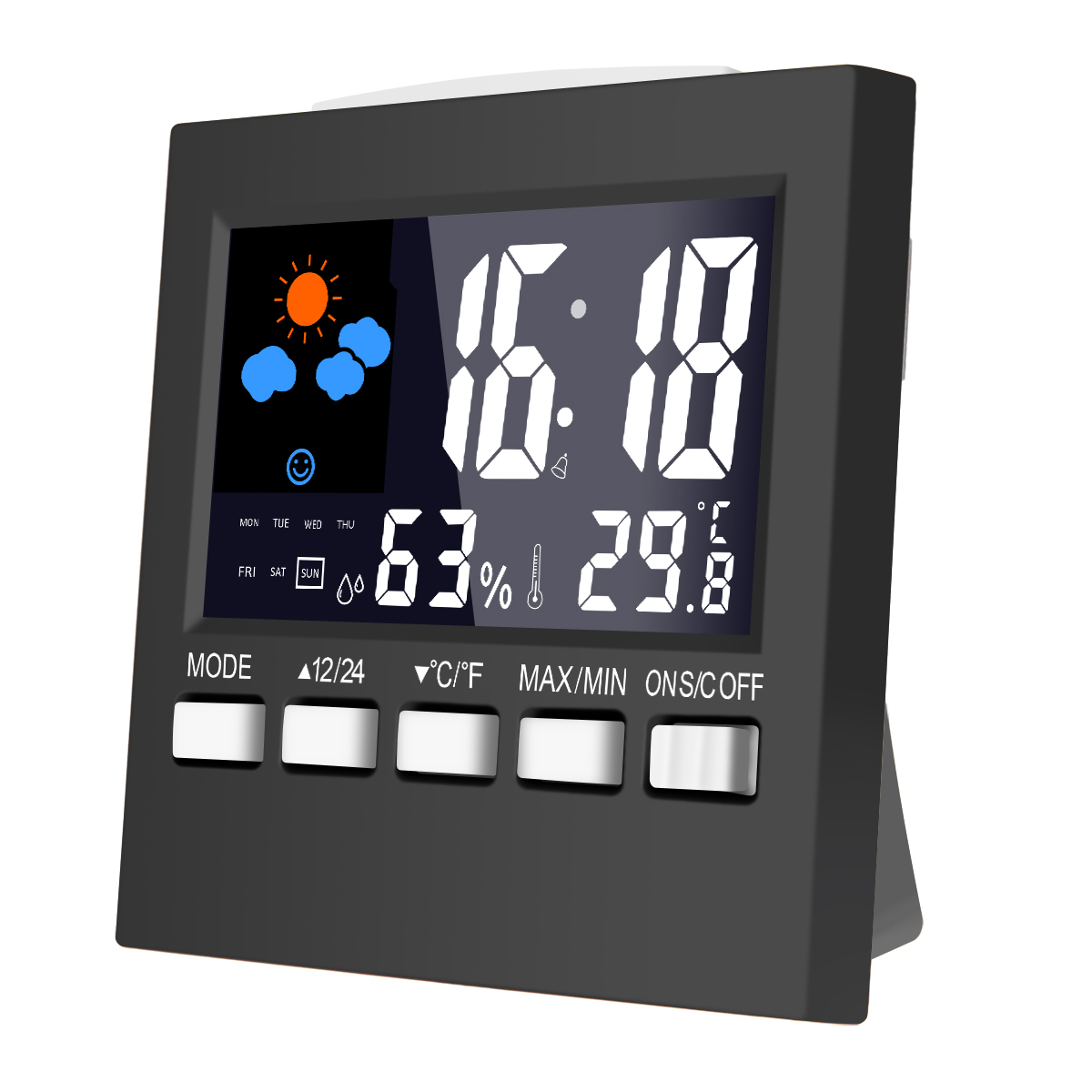 LCD Back Light Desk Clock Indoor Weather Station Alarm Clock Time/Date/Week/Alarm/Temp/Humidity/Weather/Snooze Display