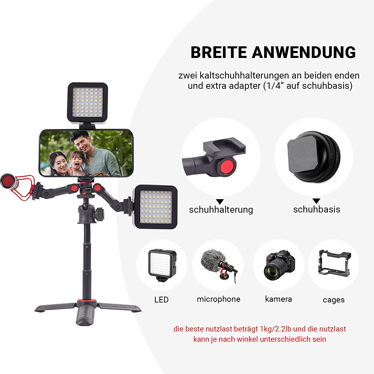 Cold Shoe Base Adapter Mount Extension Bracket Mount for Microphone LED Light Flash (360° Vertical Dual Cold Shoe)