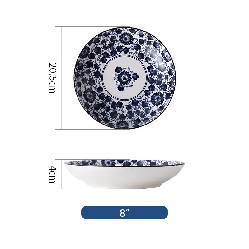 Vajilla de estilo chino con blanco y azul para pintar a mano de 8 pulgadas, platos de cerámica para fruta, ensalada, sopa: M