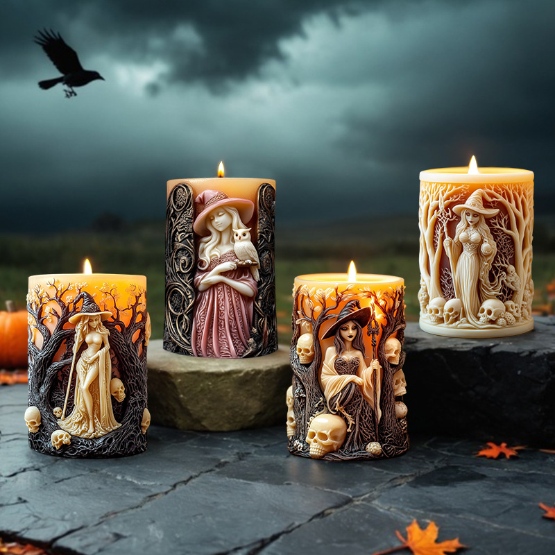 2025 Hexe Zylinder Kerze Silikonform Totenkopf Relief Zylinder Harz Silikonform Halloween Hexe Zylinder Gips Formen