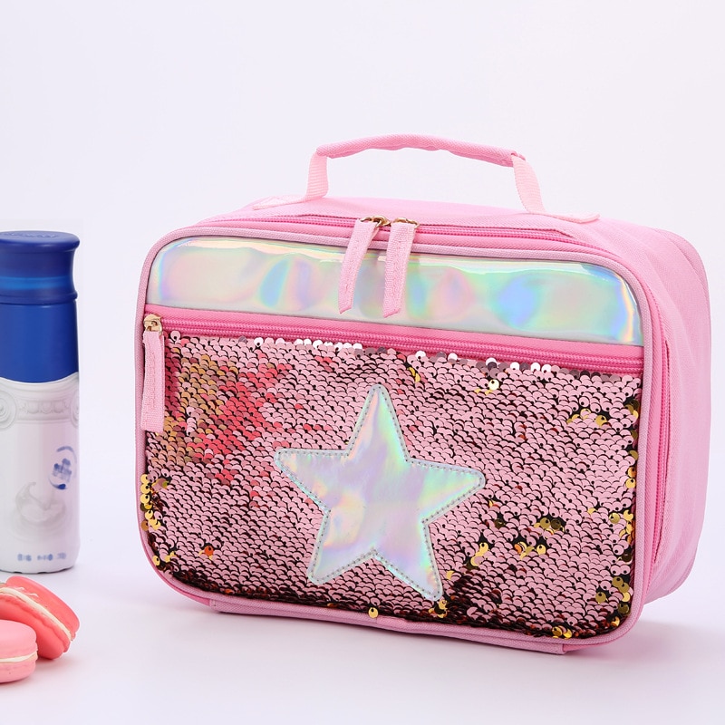 Mode Waterdichte Reverse Sequin Geïsoleerde Kinderen Meisjes Jongen Lunchbox Glitter Draagtas Koeler Picknick Zakje Voor Voedsel