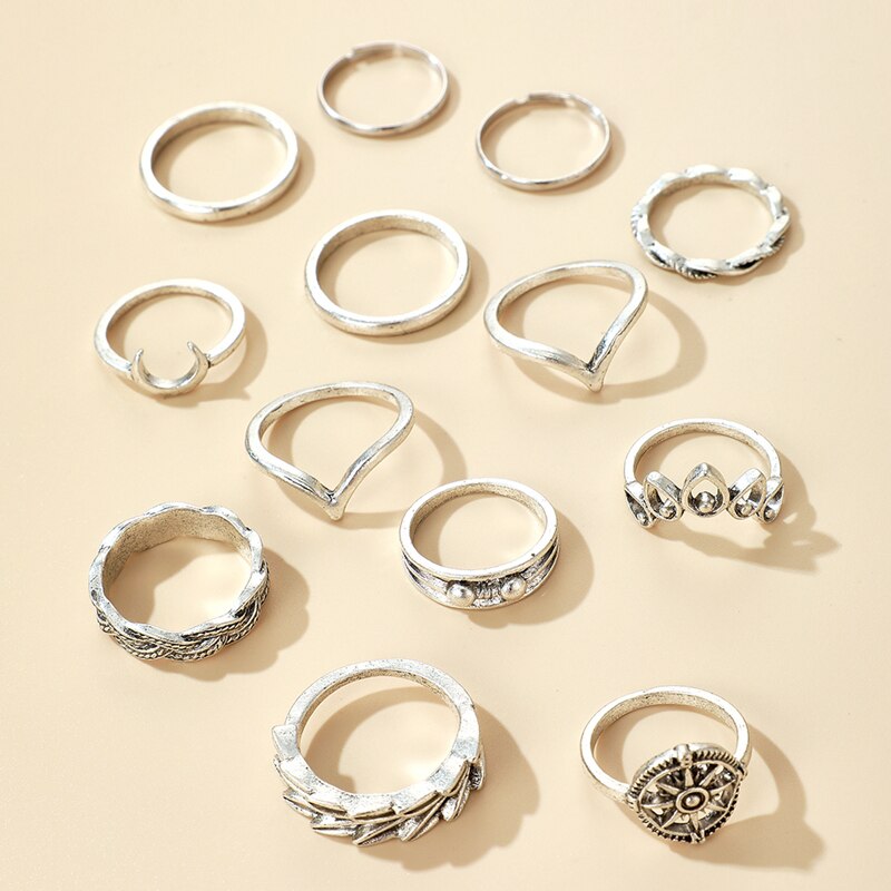 Tocona 13pcs/sets Retro Hollow Geometric Silver Color Ring Sets Exquisite Moon Wedding Ring Jewelry for Women men 14822