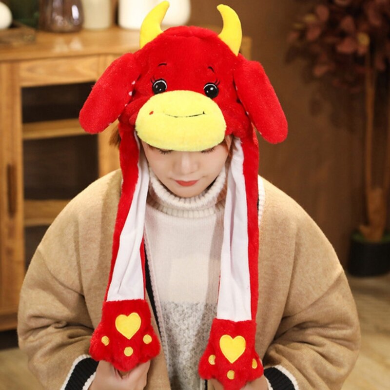 Grappig Ox Dier Pluche Hoed Met Moving Jumping Oren Jaar Cartoon Knuffel Mooie Koe Vee Oorklep Cap Party prop