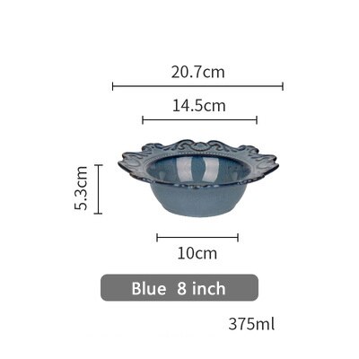 European retro ceramic plates tableware dinner plates ceramic embossed pattern porcelain dessert plate cake plate: Blue 8 inch bowl