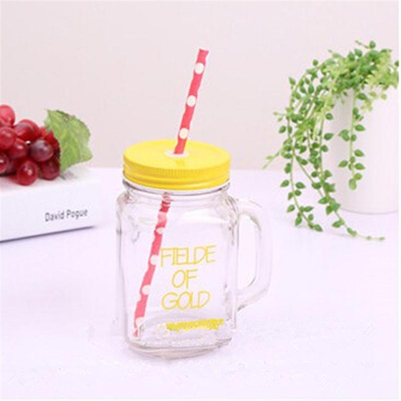Bouteille transparente en verre, pour jus de fruits, jus de fruits et boissons fraîches, contenant en paille pour le Sport, bocal à maçon et citron, avec couvercle: YELLOW