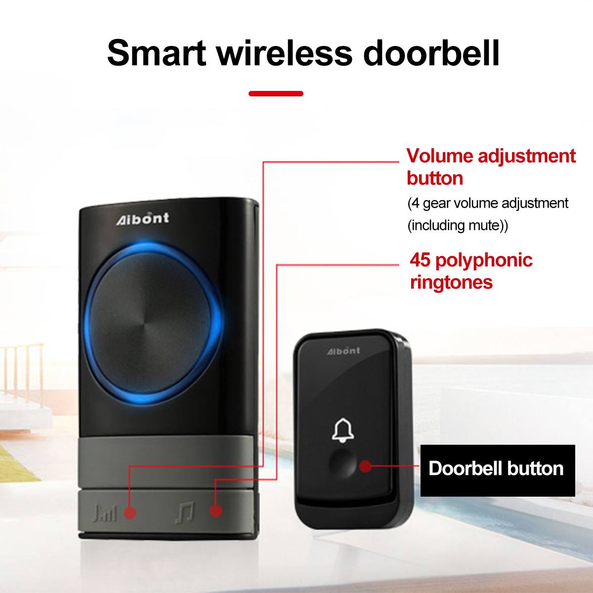 Wireless Doorbell Waterproof 200M Remote Intelligent Bell Chime Smart Door Bell Battery 2 Receiver 45 Songs Calling Bell