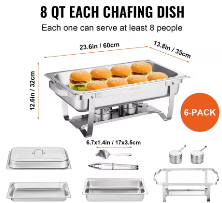 Varmefat buffetsett , 8 qt stk. 6- pakning, varmefat i rustfritt stål med 6 full størrelse panner, rektangulær cateringvarmer med lokk: Default Title