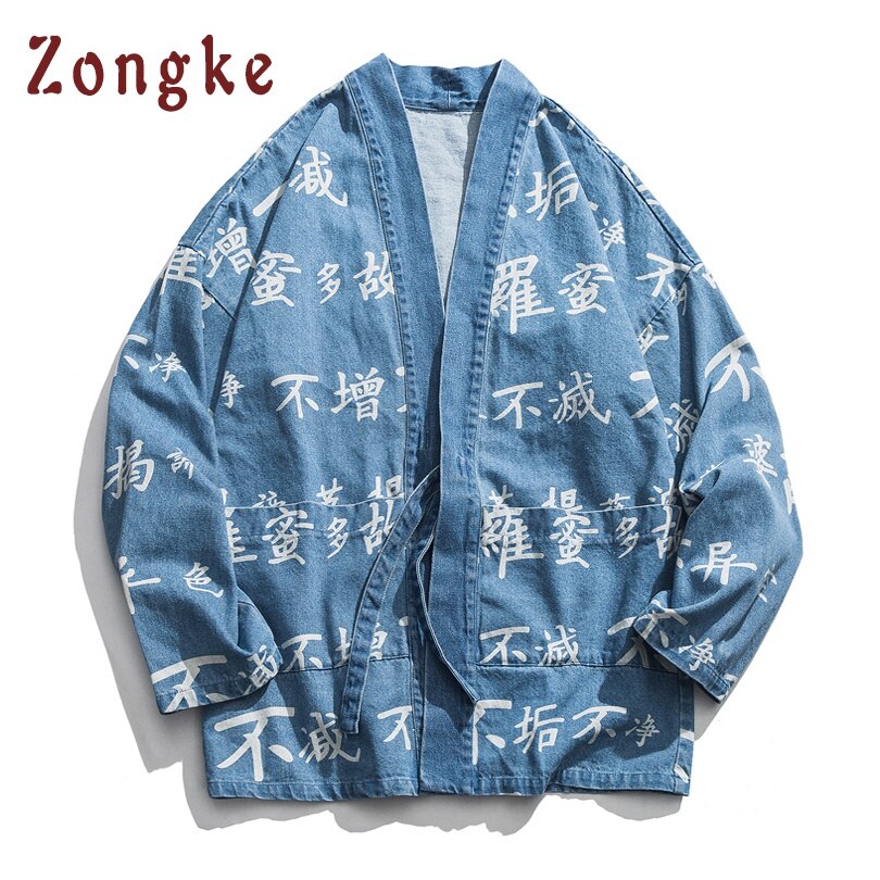 Zongke Chinese Buddhist Scripture Print Kimono Cardigan Japanese Kimono Men Jacket Streetwear Mens Kimono Denim Jacket Men