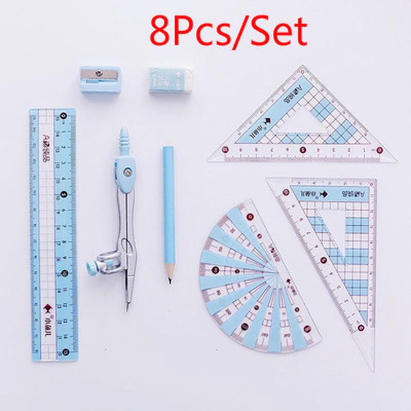 Juego de herramientas de dibujo Kawaii para niños, brújula escolar de dibujos animados, suministros de pintura, herramienta gráfica, 8 unids/set