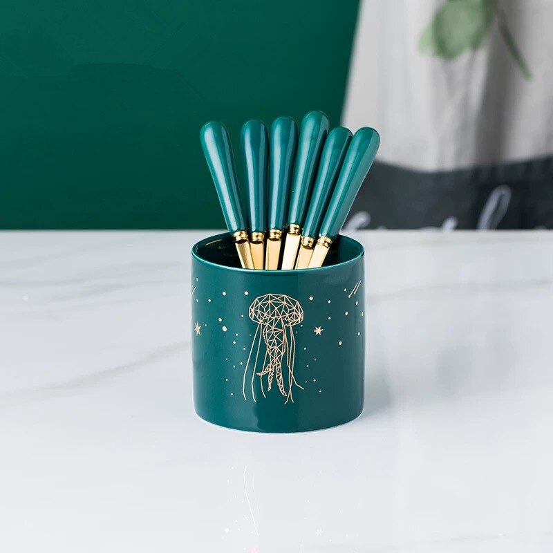 Nordic Ceramic Stainless Steel Fruit Fork Storage Tube Dessert Fork Cake Fork Fruit Fork Storage Pot Living Room Fruit Fork Set: 6 forks pot 7