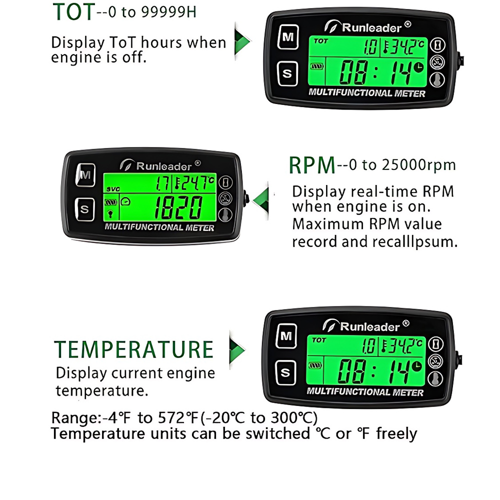 Digital turtallsmåler, motortemperaturmåler, varsling, turtall og temperatur, bakgrunnsbelysning, display for plentraktor, kompressor, generator, snøscooter