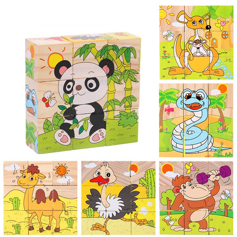 Baby Houten Blok Speelgoed Kinderen Zes Side 3D Cube Jigsaw Games Animal Fruit Verkeer Cognize Vroeg Leren Educatief Speelgoed